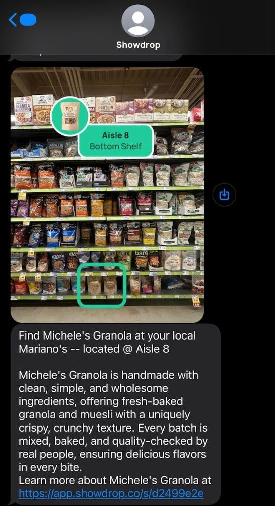 Text message locating Michele’s Granola at Aisle 8 with a photo of the shelf